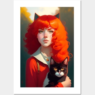 Anime girl holding a black cat  for cats lover Posters and Art